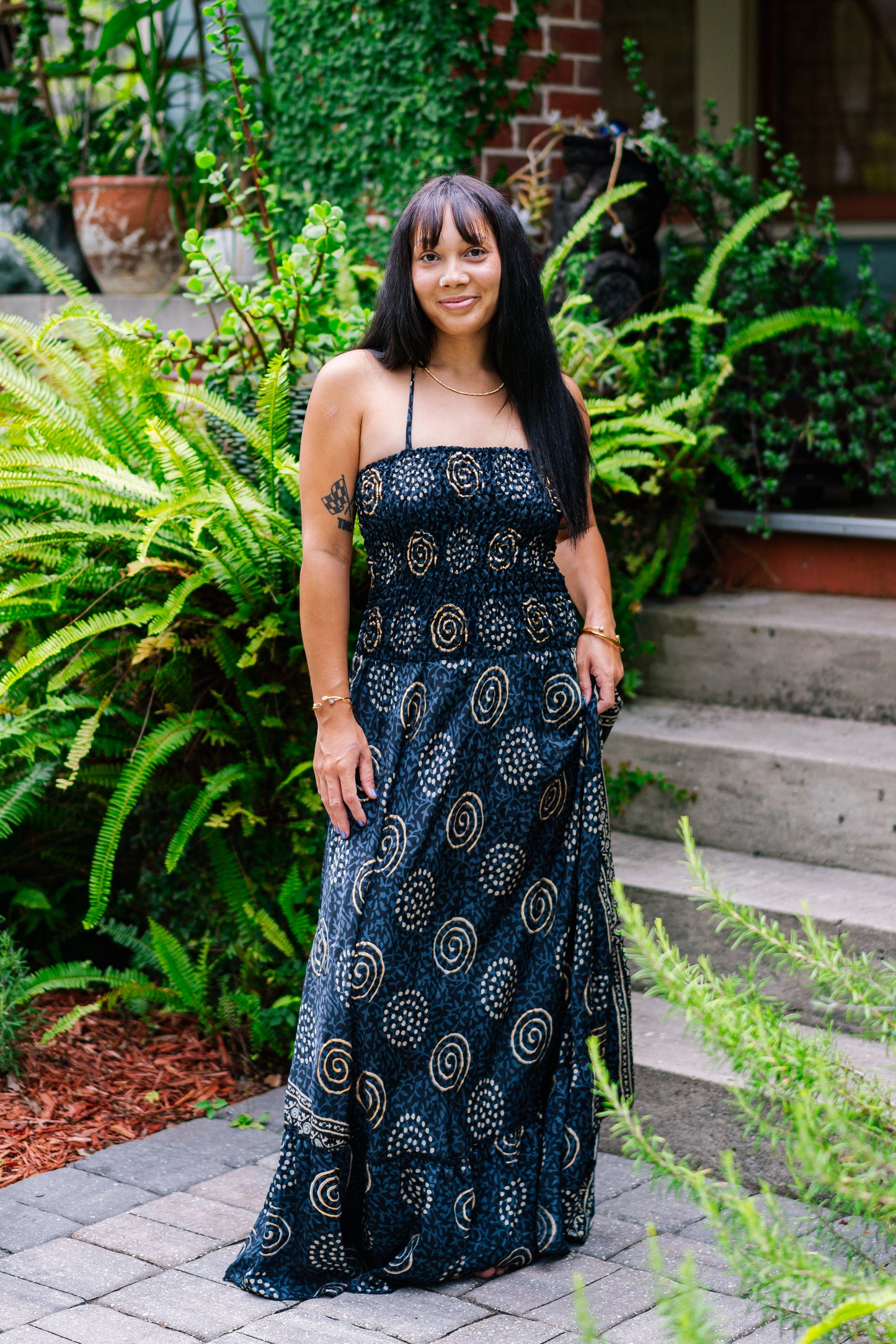 Golden Swirls Fit & Flare Maxi Dress