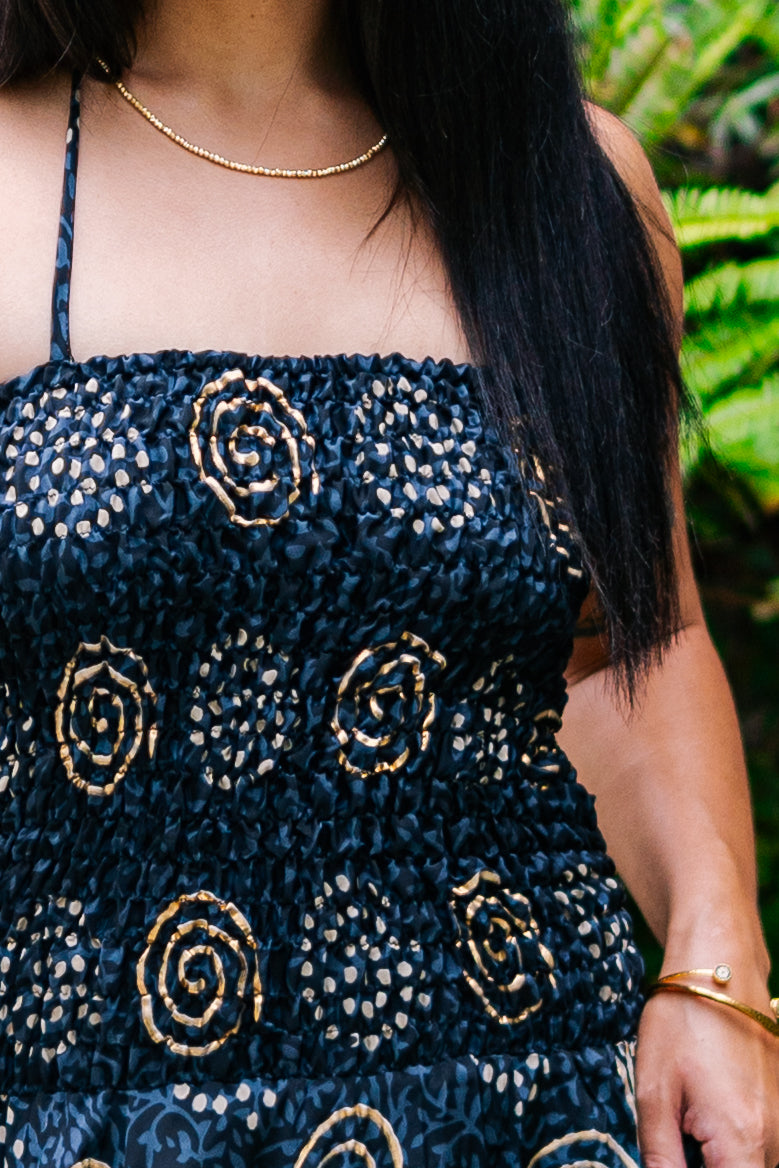 Golden Swirls Fit & Flare Maxi Dress