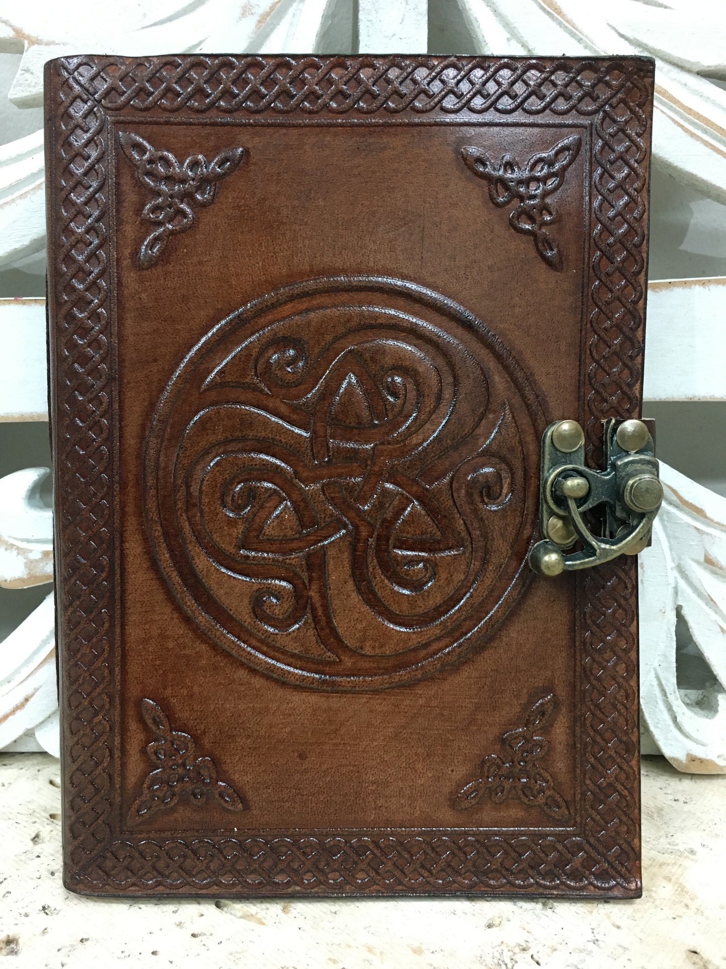 Hand Embossed Camel leather Journal with Buckle Latch - 7" x 10" x 1/2"