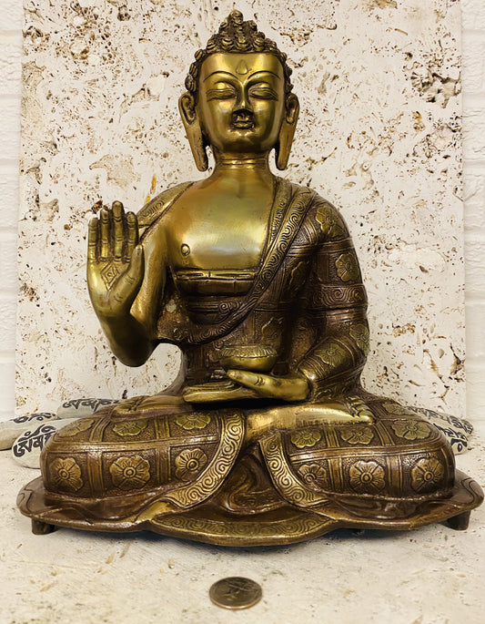 Hand Finished Brass Abhaya Buddha Statue - 36cm x 28cm