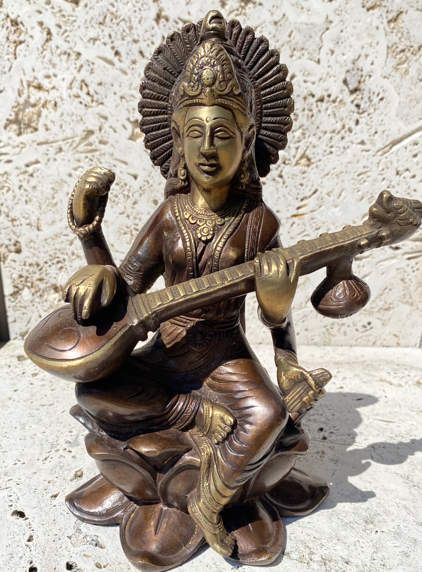Hand Finished Brass Saraswati Statue - Goddess of Wealth 26cm x 18cm