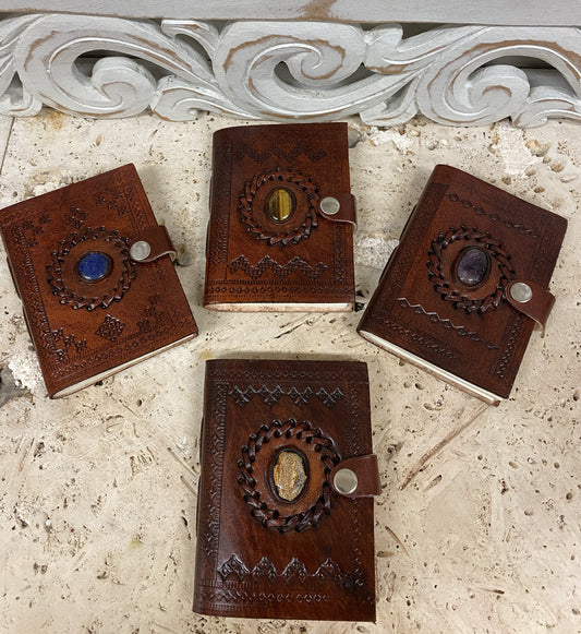 Hand Embossed Camel leather Journal with Gemstones & button close - 3.5" x 5