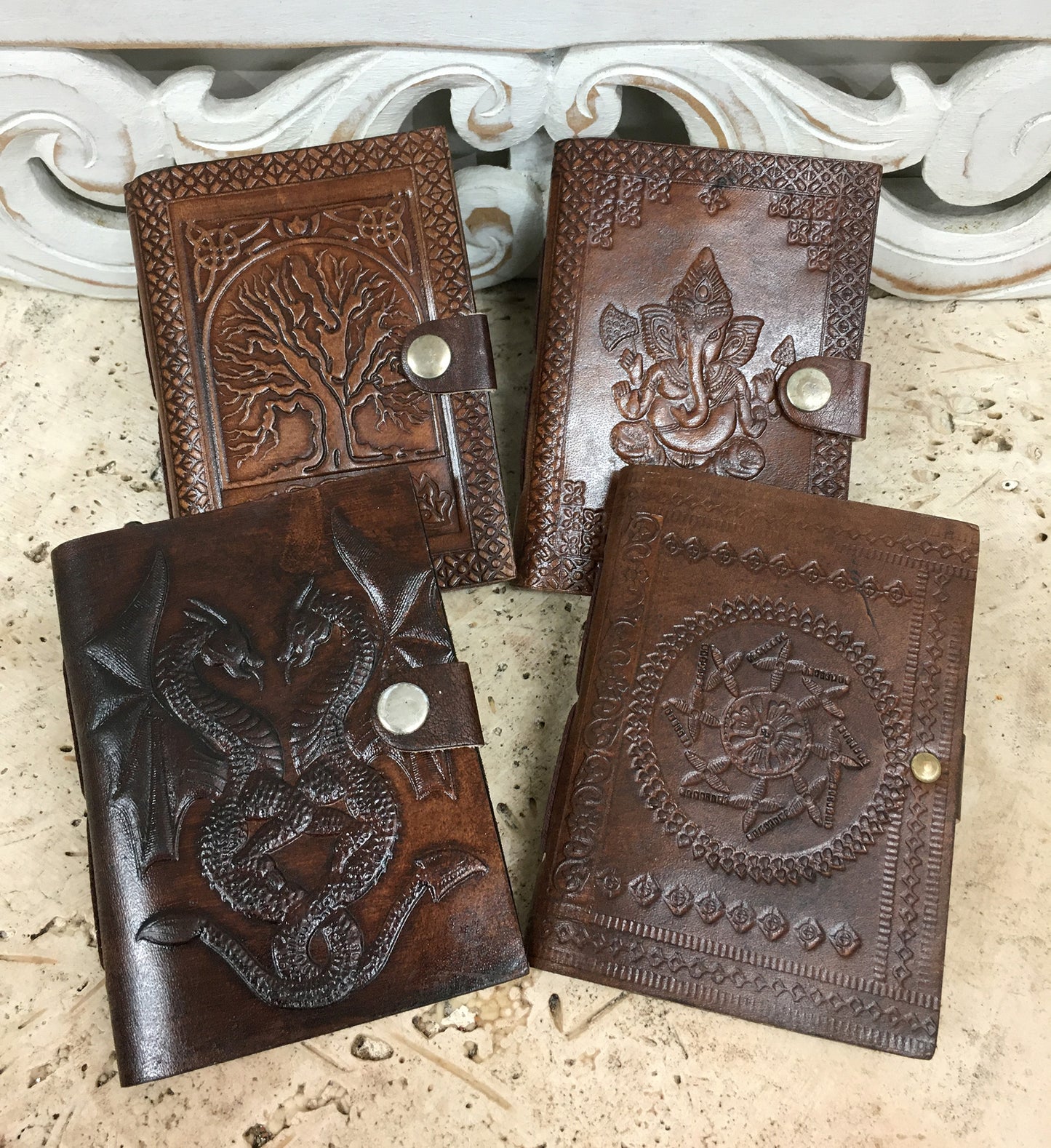 Hand Embossed Camel leather Journal with button close - Available in 3 Designs 3.5" x 5"