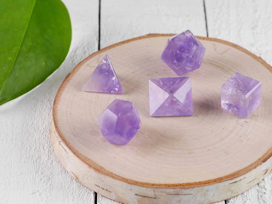 Hand Carved Amethyst 5 Piece Sacred Geometry Set