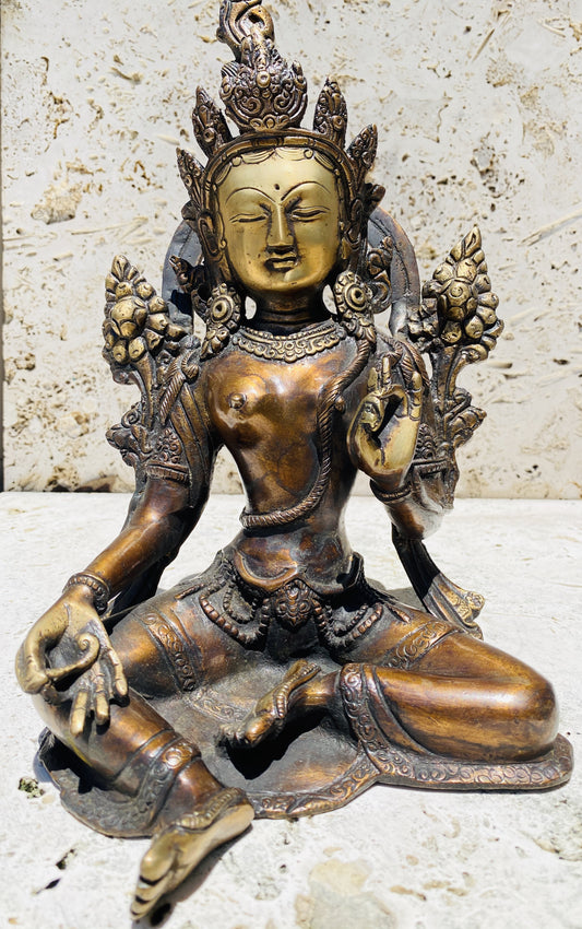 Hand Finished Brass Green Tara Statues - Goddess of Healing 27cm x 17cm