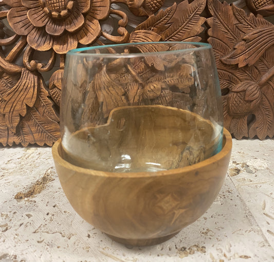 Hand Blown Glass Terrarium / Candle Holder over Carved Teak Bowl