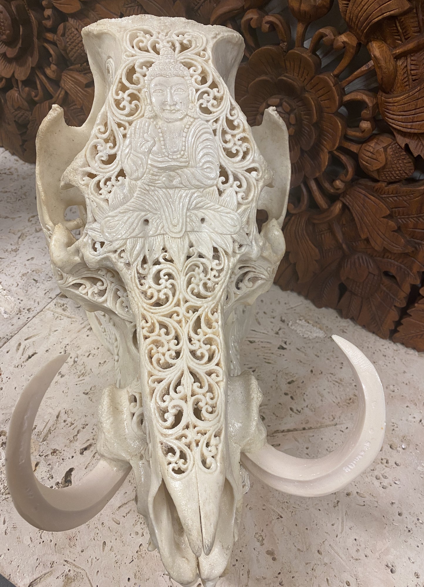 Intricately Hand Carved Wild Boar Skulls with Buddha