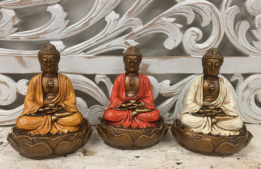 Hand Painted Resin Meditating Buddha on Lotus Statues - Available in 3 Colors