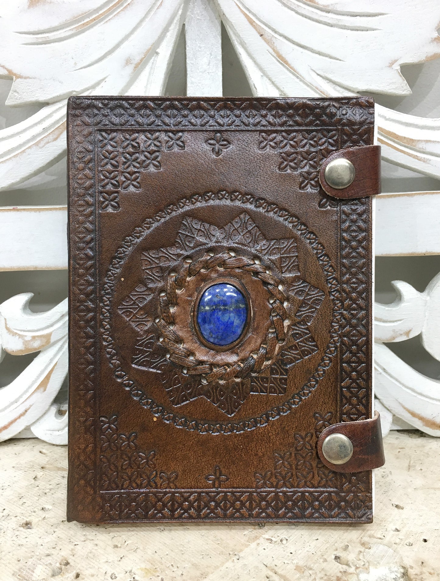 Hand Embossed Camel leather Journal with Gemstones & Button Clasp - 5" x 7" x 1"