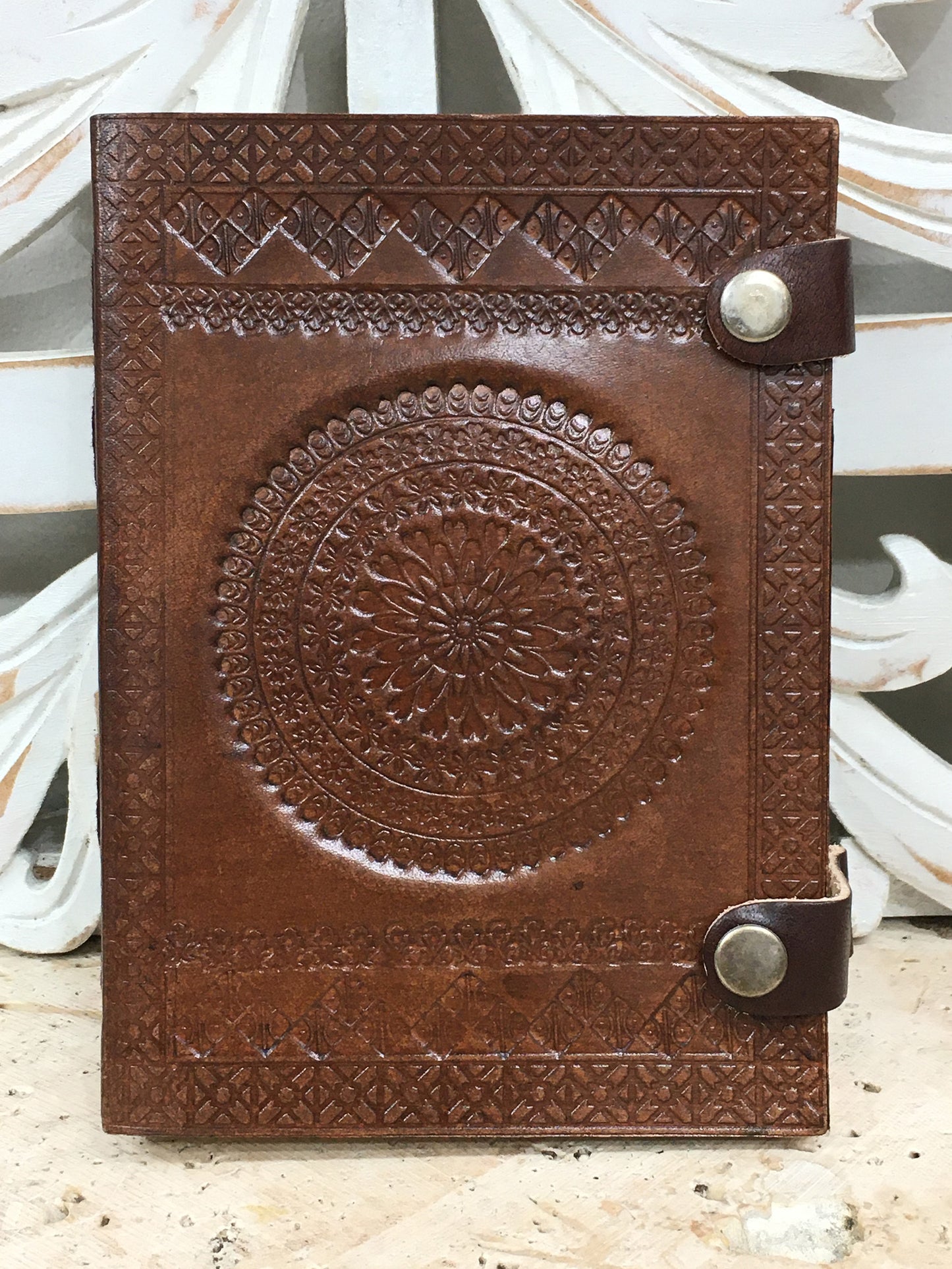Hand Embossed Camel leather Journal with 2 Snap Clasp - 5" x 7" x 1"