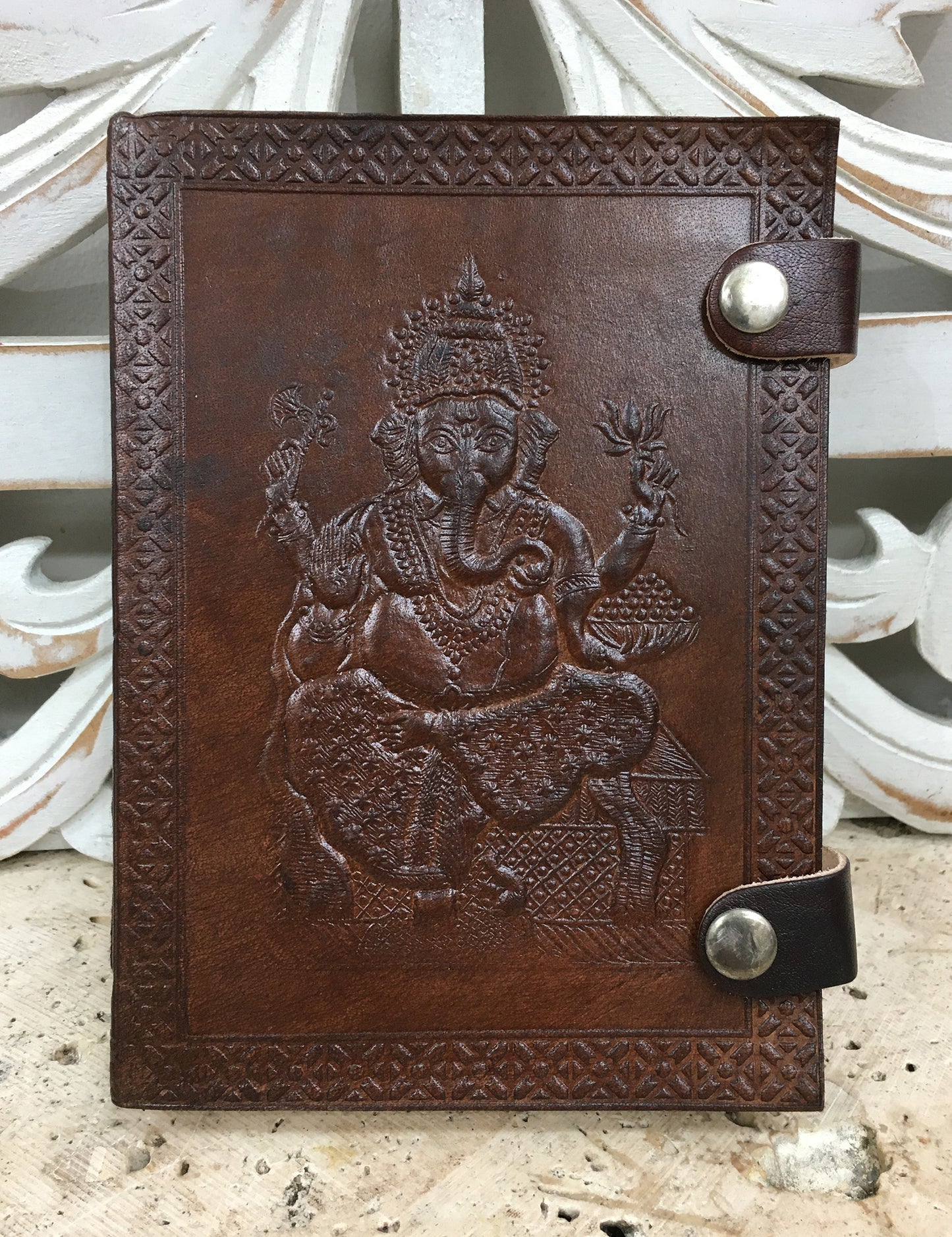 Hand Embossed Camel leather Journal with 2 Snap Clasp - 5" x 7" x 1"