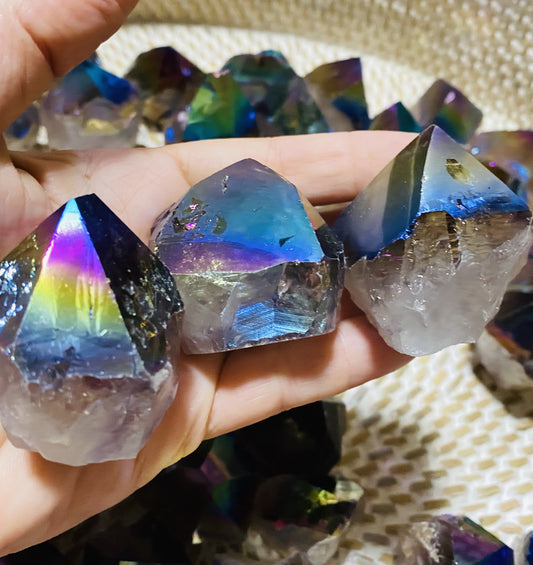Rainbow Aura Quartz Crystal Base Cut Points