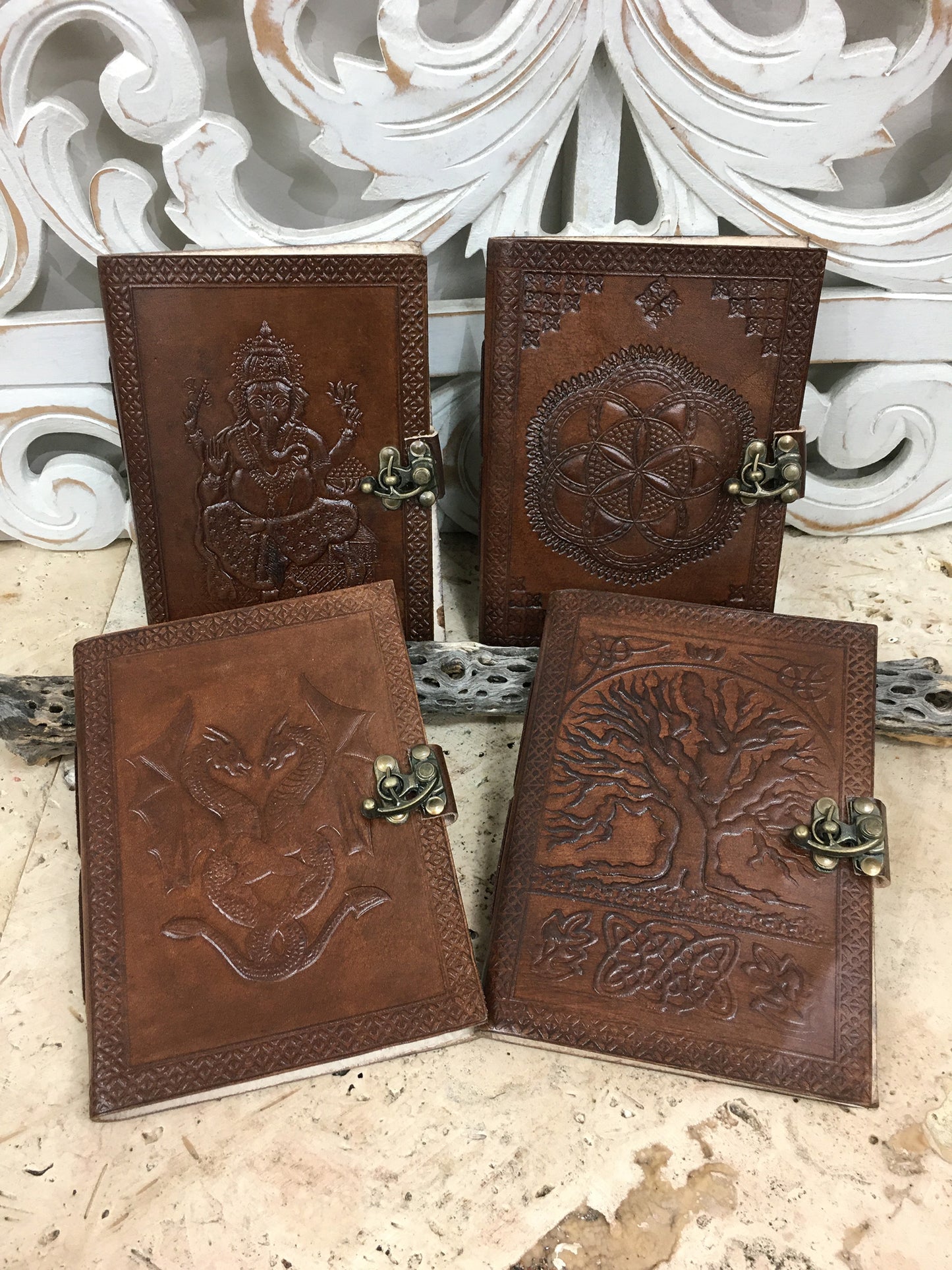 Hand Embossed Camel leather Journal with Buckle Latch - 5" x 7"x 1/2" - Available in 3 Designs