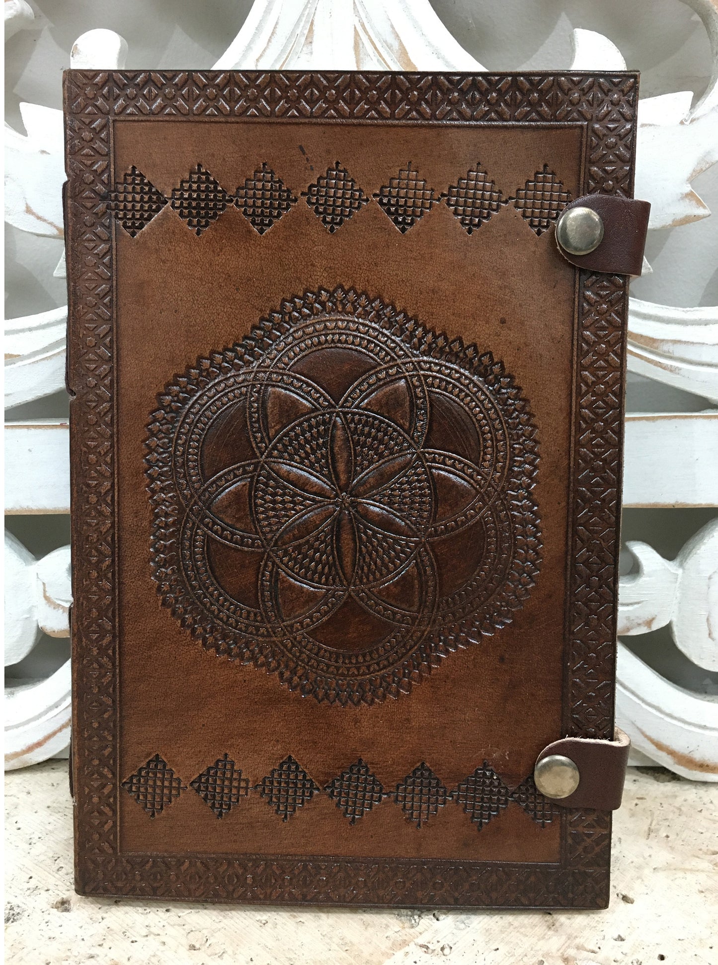 Hand Embossed Camel leather Journal with Button Clasp - 6" x 9" x 1"