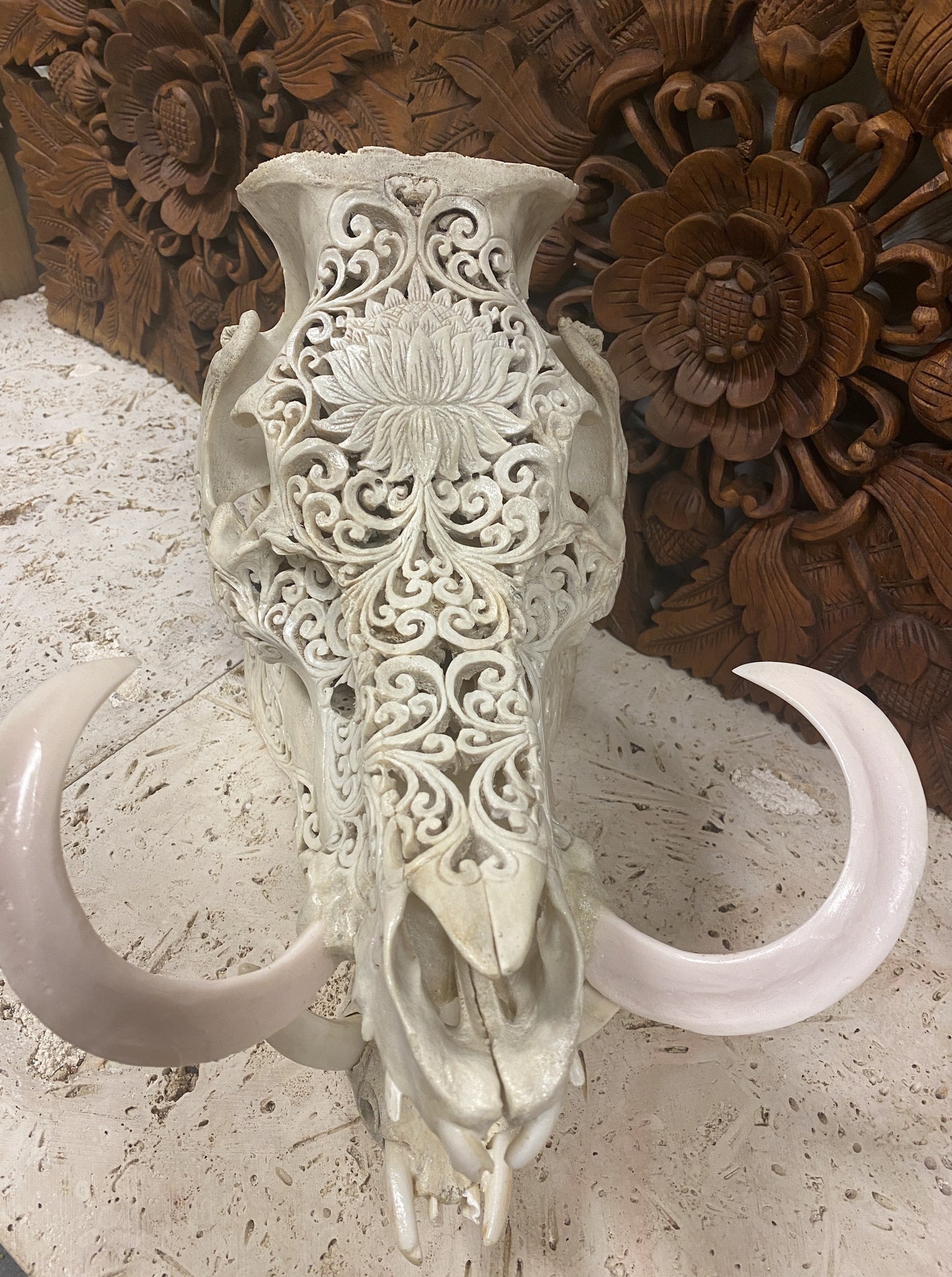 Intricately Hand Carved Wild Boar Skulls with Lotus Flower