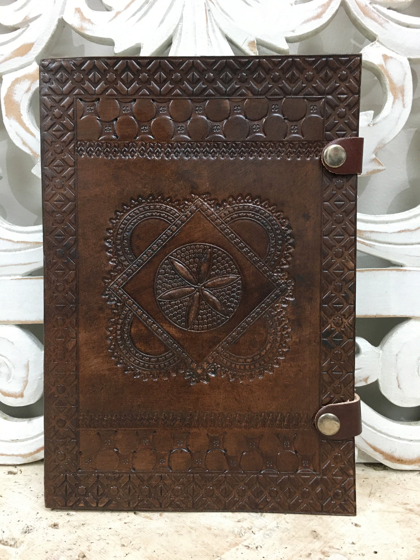 Hand Embossed Camel leather Journal with Button Clasp - 10" x 7" x 1"