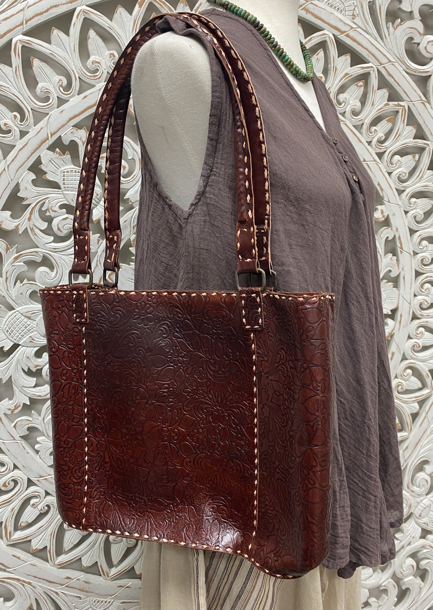 Large Hand Made Camel Leather Bag with hand stiching purse 11" x 15”