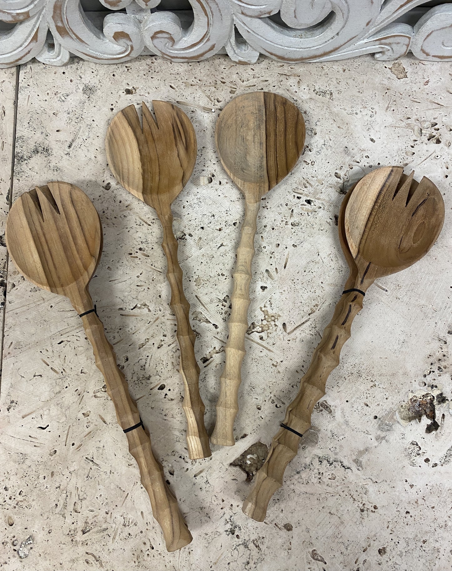 Hand Carved Teak Wood Salad Serving Spoon & Fork sets 12"