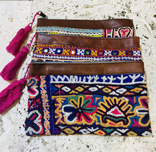 Recycled Hand Embroidered Rajasthani Coin Purses w/ Leather top.