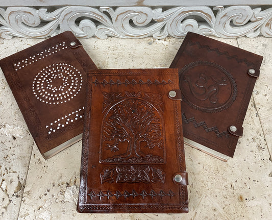 Hand Embossed Camel leather Journal with Button Clasp - 10" x 7" x 1"