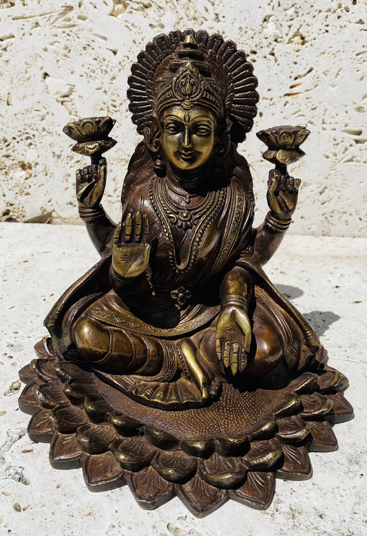 Hand Finished Brass Laxmi Statue - Goddess of Wealth 22cm x 20cm