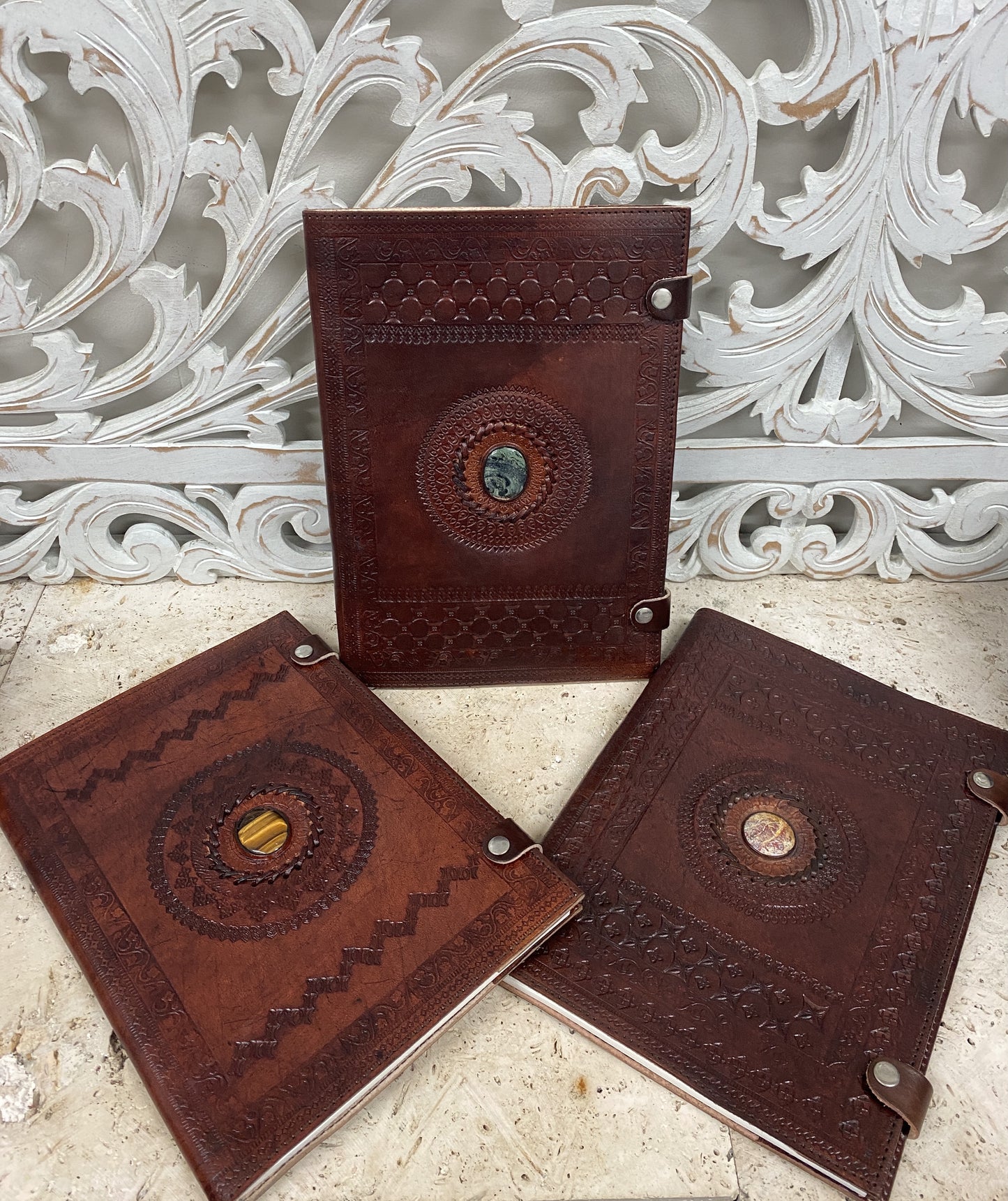 Refillable Hand Embossed Camel leather Journal or Sketch book with Gemstones & Button Clasp - 12.5" x 9" x 1/2"