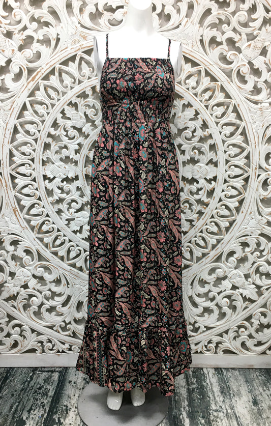 Silk Sari long dress spaghetti straps-Elastic Top