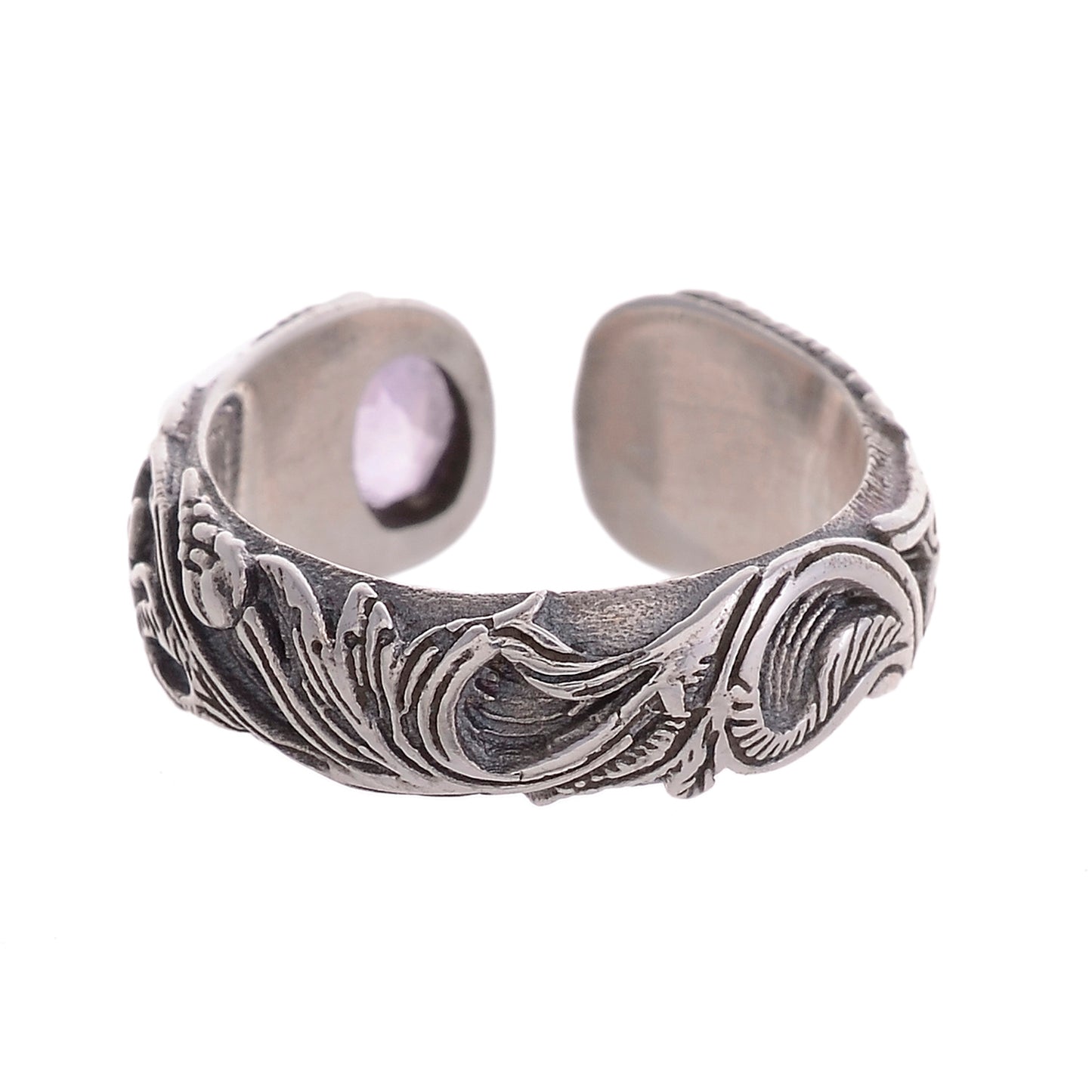 Sterling Silver Flower & Vine Open Textured Gemstone Ring Large