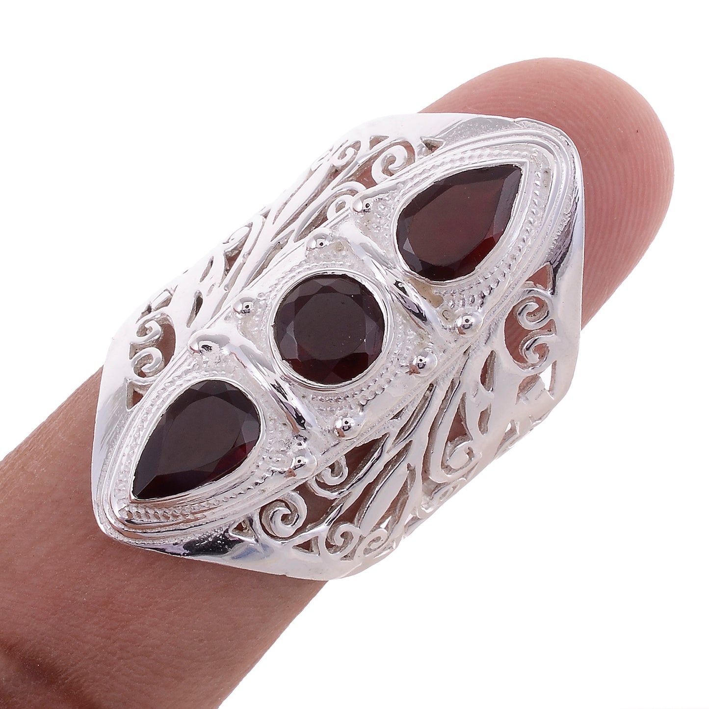 Sterling Silver Hand Cut Jayli Work 3 stone Ring _ Available in 10 Stones