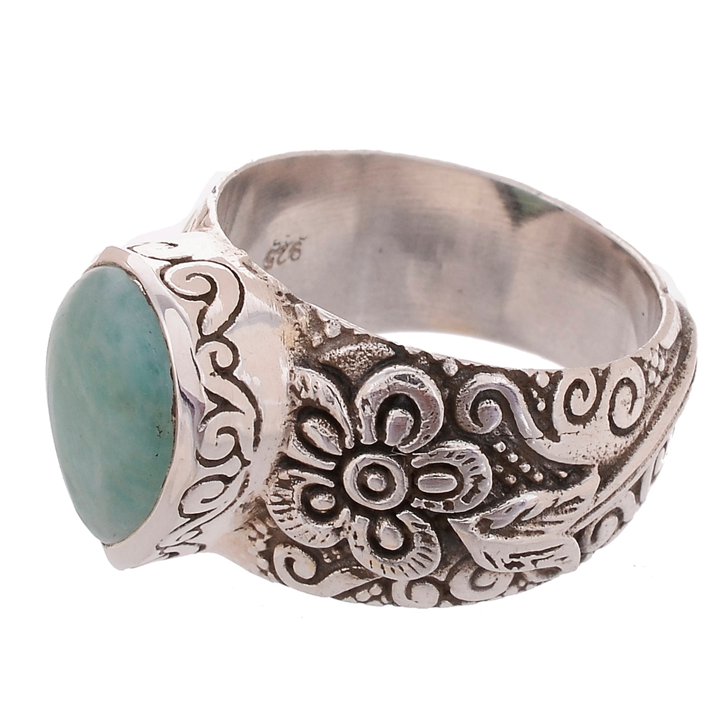 Sterling Silver Hand Carved Flower Gemstone Ring