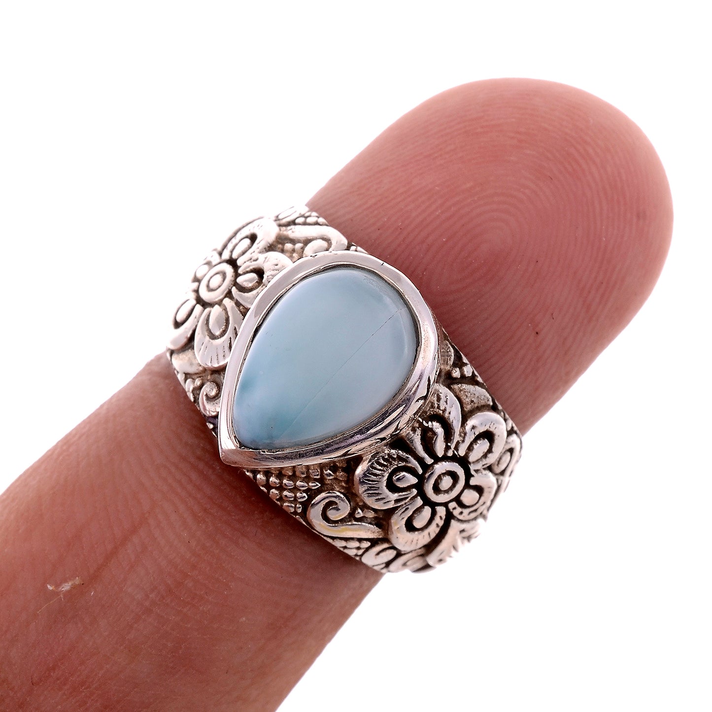 Sterling Silver Hand Carved Flower Gemstone Ring