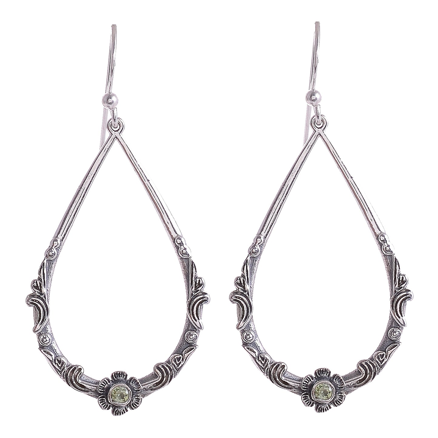 Sterling Silver Hand Carved Flower & Vine Gemstone Earrings