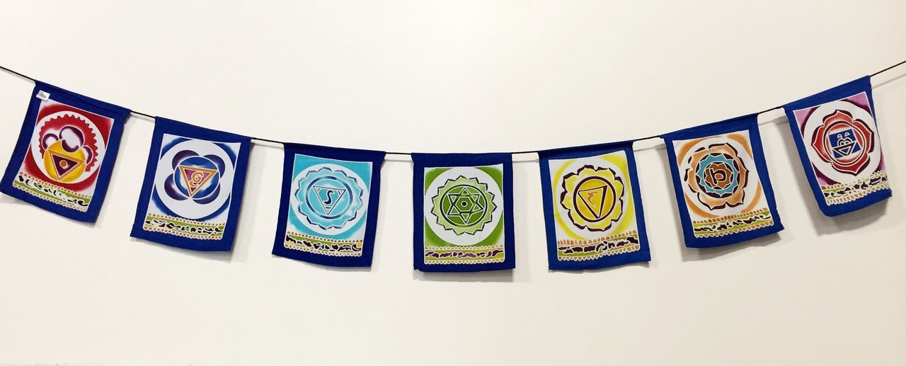 Hand Batiked Garden Prayer flags Chakra Symbols
