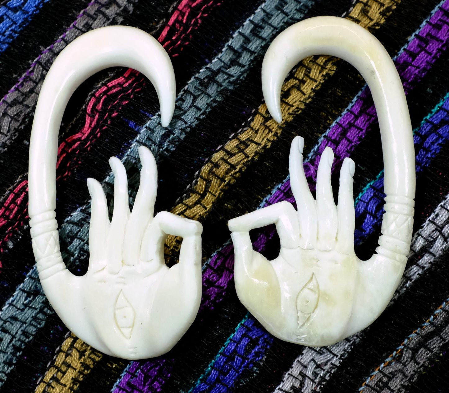 Beautifully Detailed Hand Carved Bone Mudra Hands Gauged Earrings