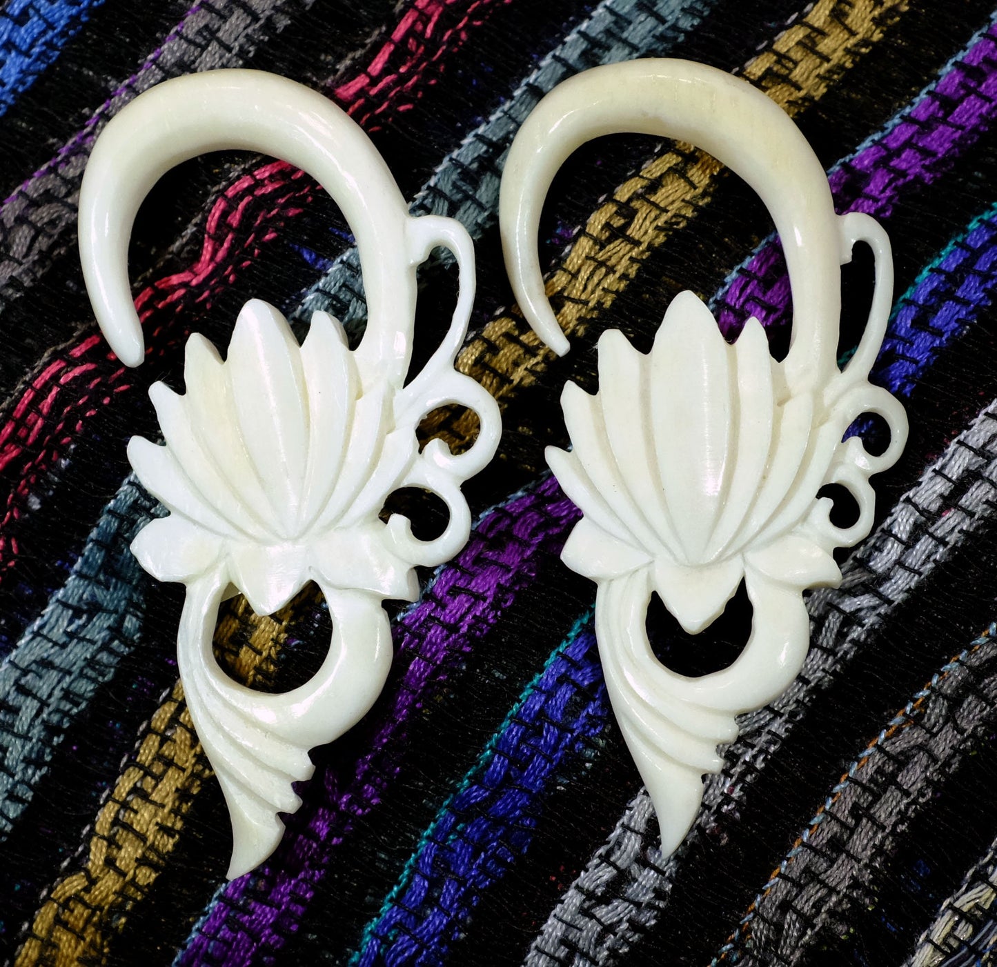 Beautifully Detailed Hand Carved Bone Lotus Gauged Earrings