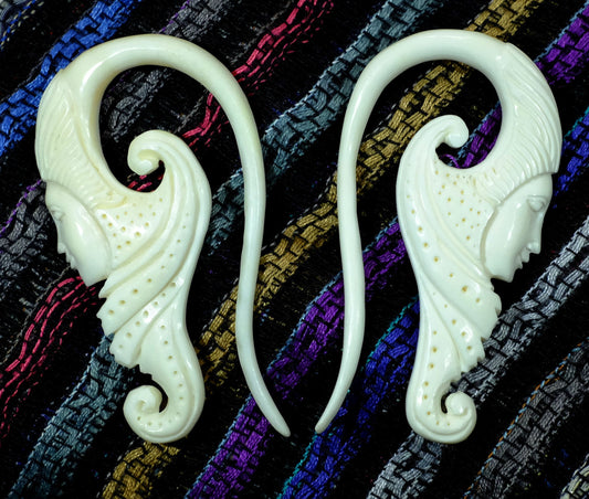 Beautifully Detailed Hand Carved Goddess Bone Gauged Earrings