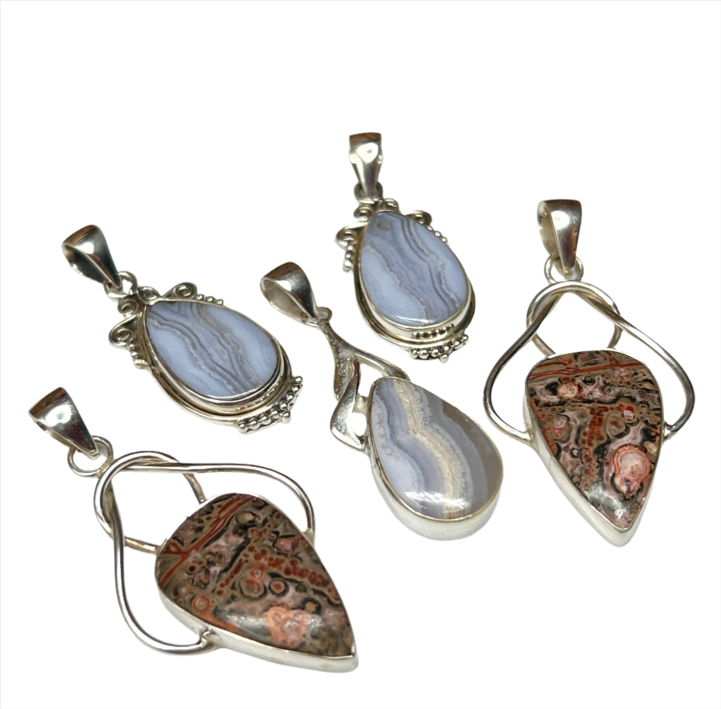 Blue Lace Agate & Leopard Skin Jasper Pendants