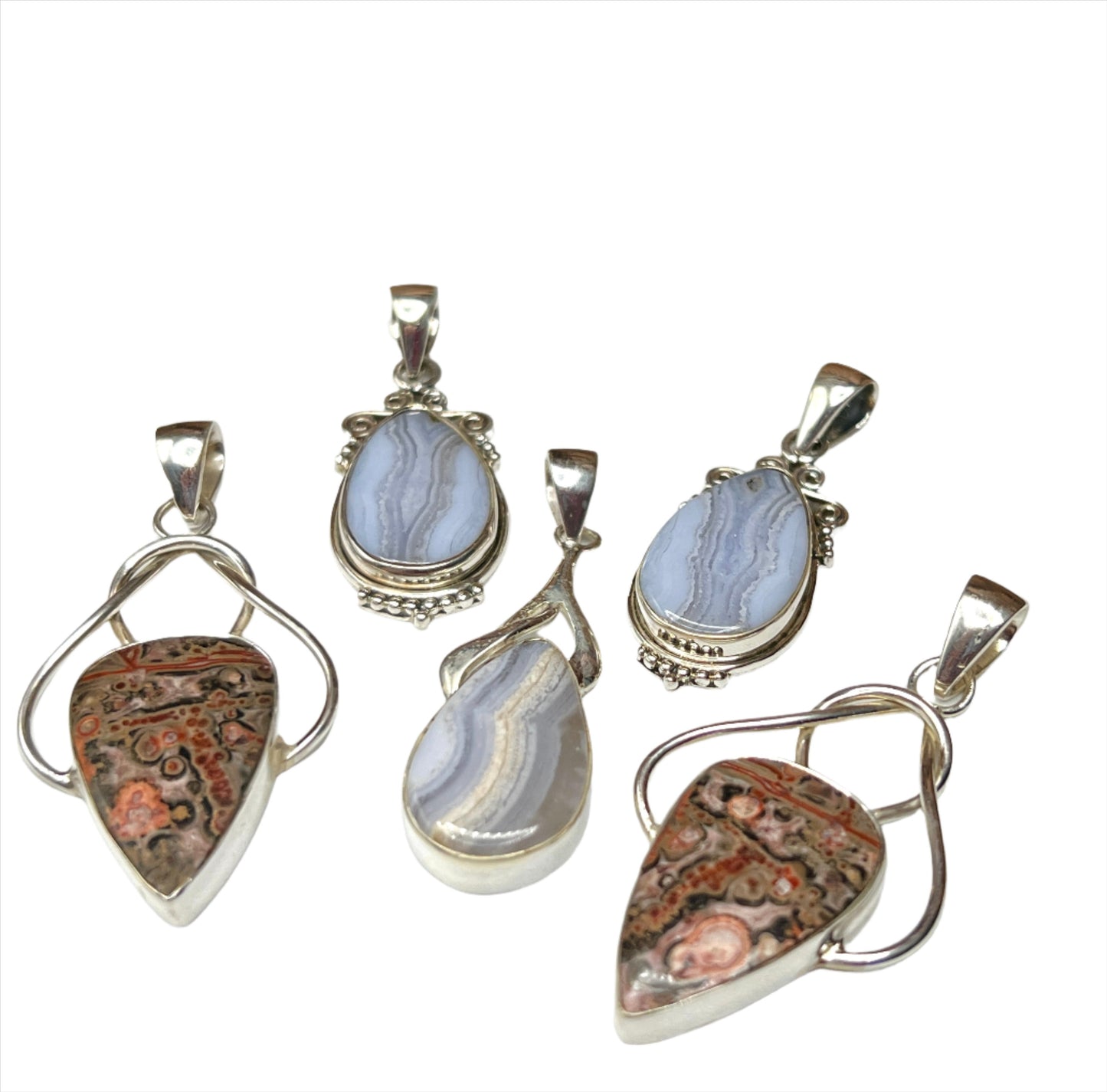 Blue Lace Agate & Leopard Skin Jasper Pendants