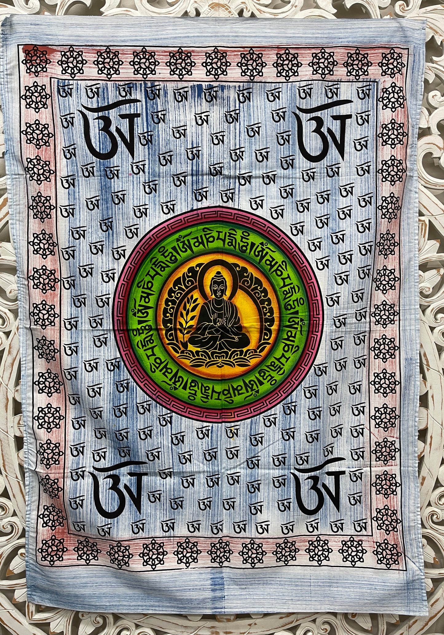 Hand Airbrushed Fabric Posters Mini Tibetan Om Buddha Tapestry - Available in 2 Colors