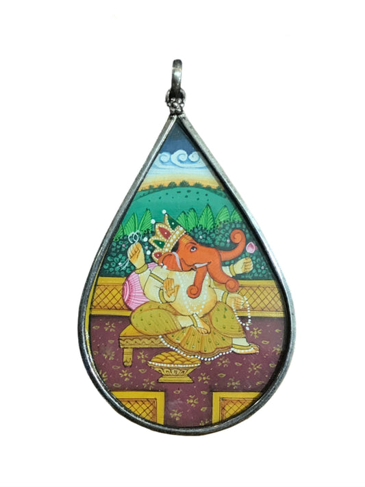 Sterling Silver Ganesha Hand-painted Teardrop Pendant