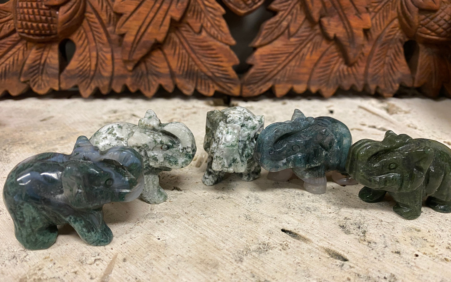 Hand Carved Moss Agate Elephants
