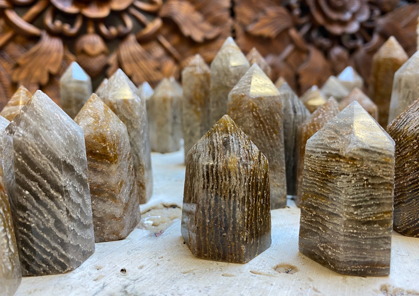 Shamans Quartz Base Cut Quartz Crystal points with Volcanic Ash Inclusions