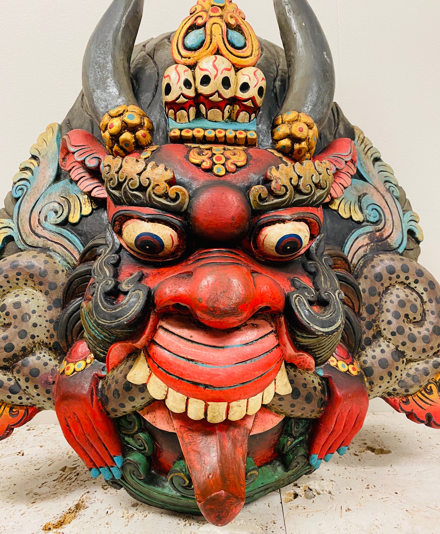 Hand Carved and Painted Cheppu Masks from Nepal 24" x 23"