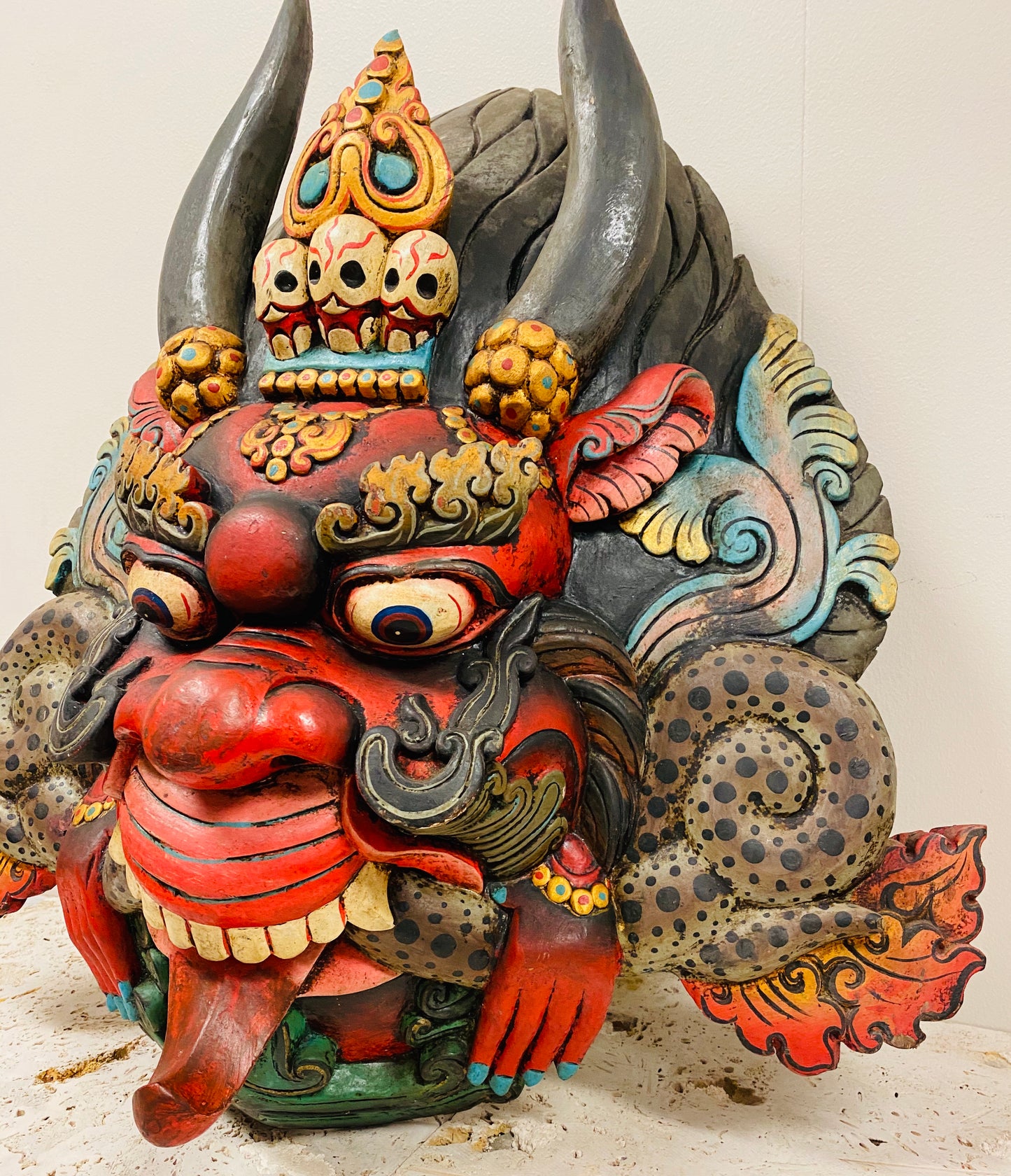 Hand Carved and Painted Cheppu Masks from Nepal 24" x 23"