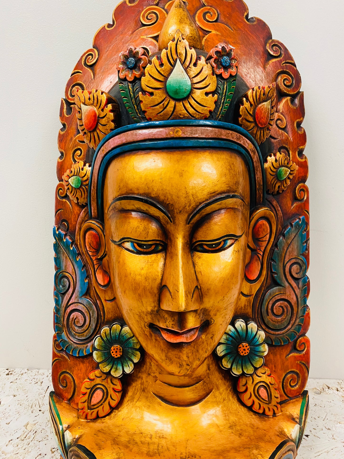 Hand Carved and Painted Goddess Green Tara Mask From Nepal 31" x 15"