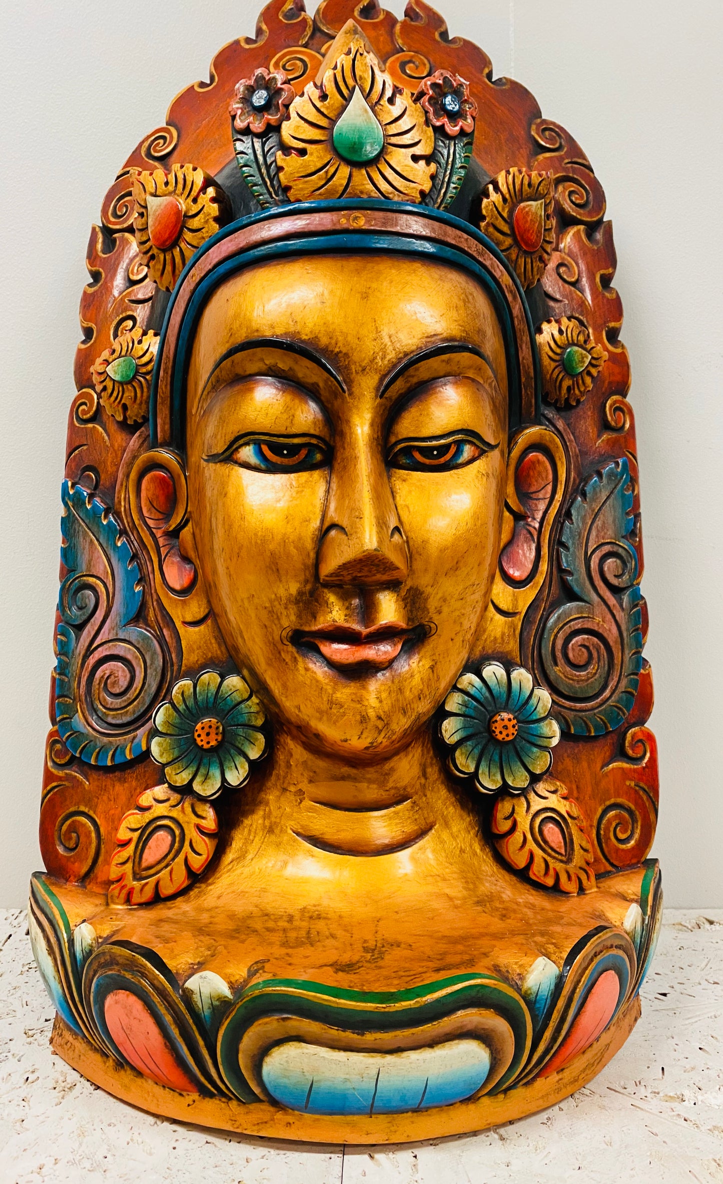 Hand Carved and Painted Goddess Green Tara Mask From Nepal 31" x 15"
