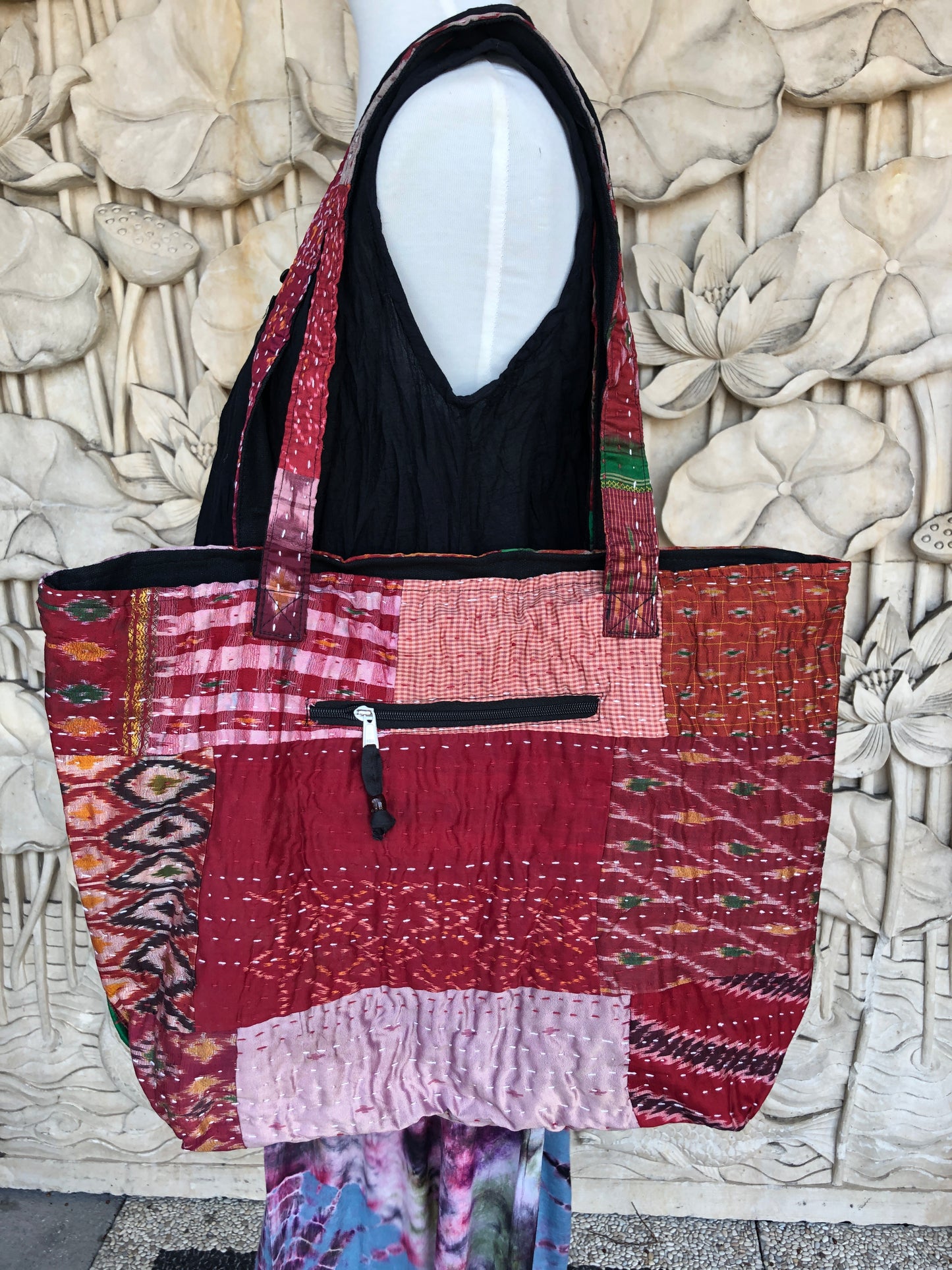 Hand Sewn Kantha Recycled Silk Patchwork Market bag Purse XL