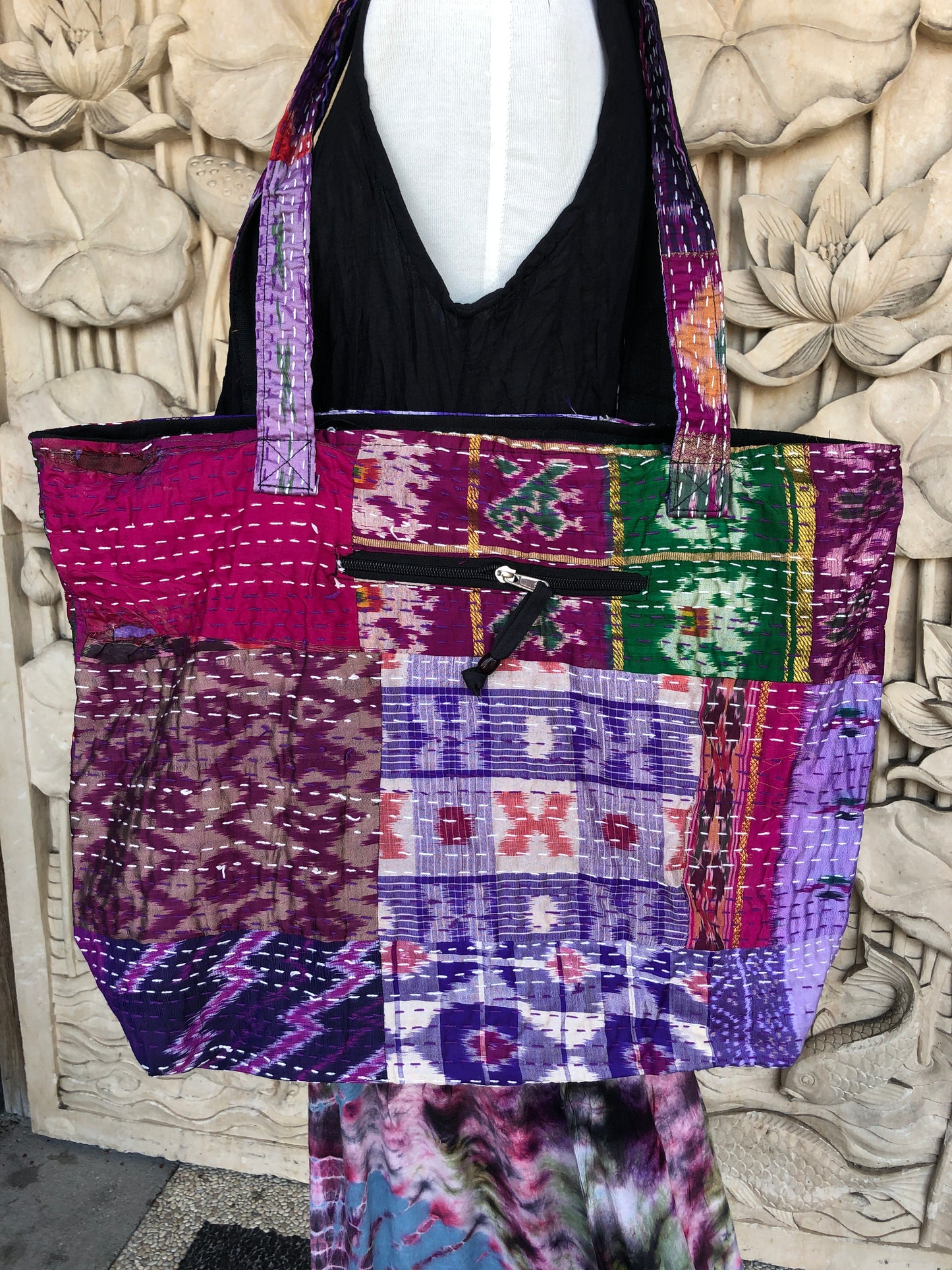 Hand Sewn Kantha Recycled Silk Patchwork Market bag Purse XL