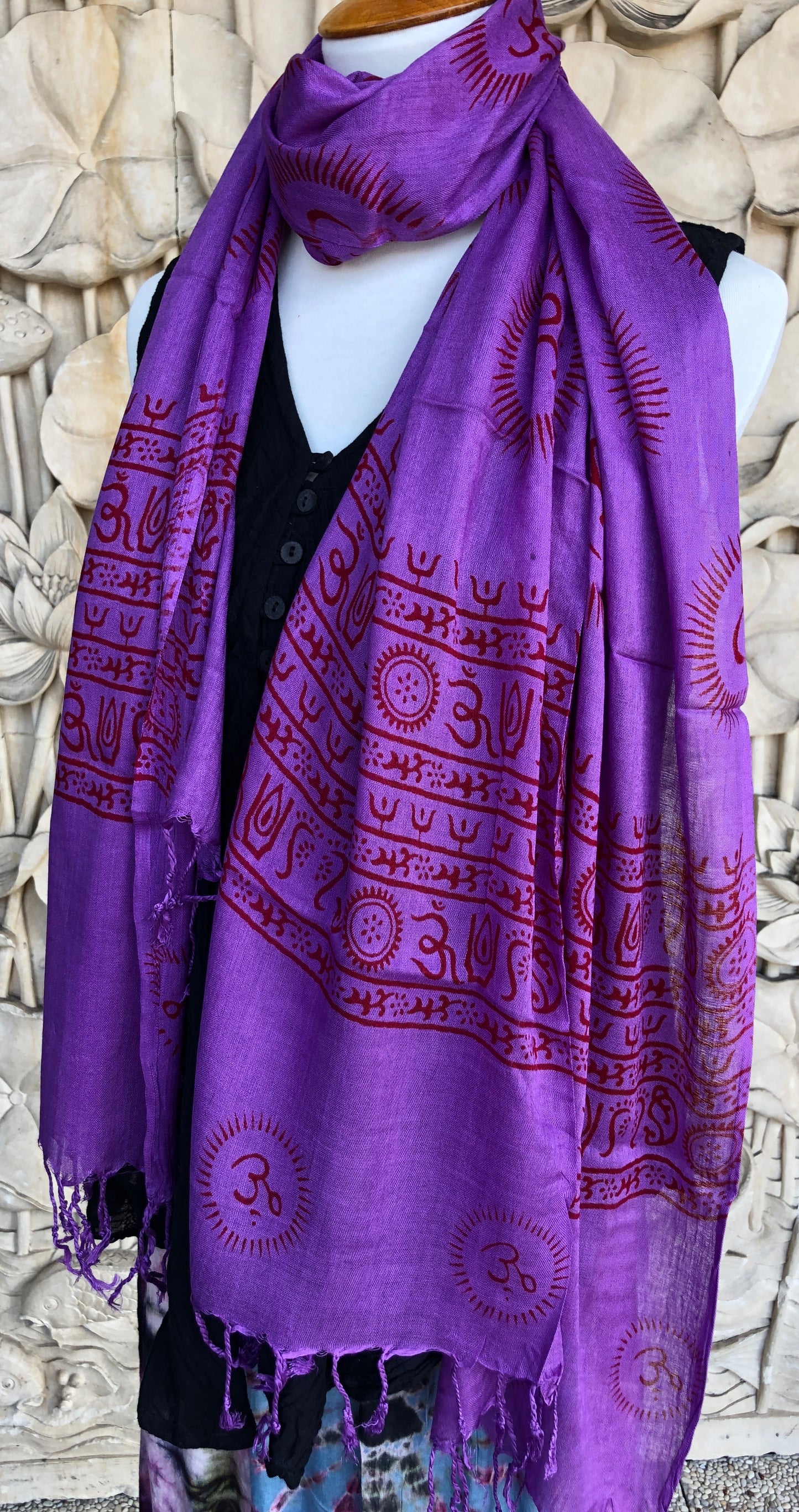 Light Rayon Prayer Scarves w Mantras and fringe 11 Colors