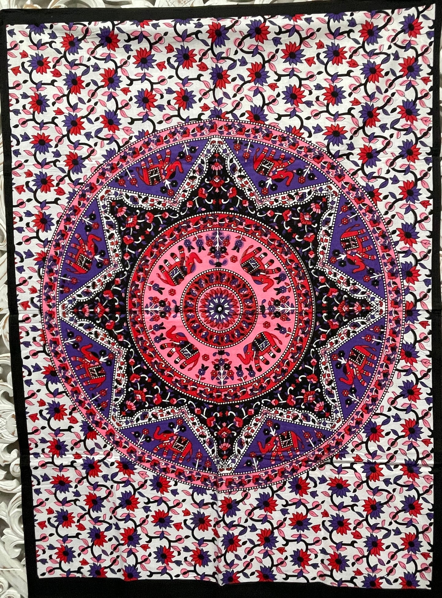Hand printed Elephant Mandala Fabric Poster Tapestries- 4 Colors Available